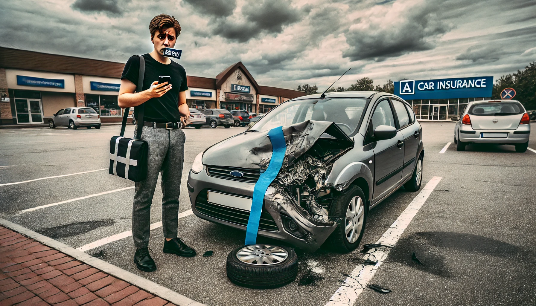 DALL·E 2025-04-01 12.43.53 - A wide horizontal ultra-sharp photo for a car insurance awareness campaign. The scene shows a car that has hit a pole in a parking lot. The front of t