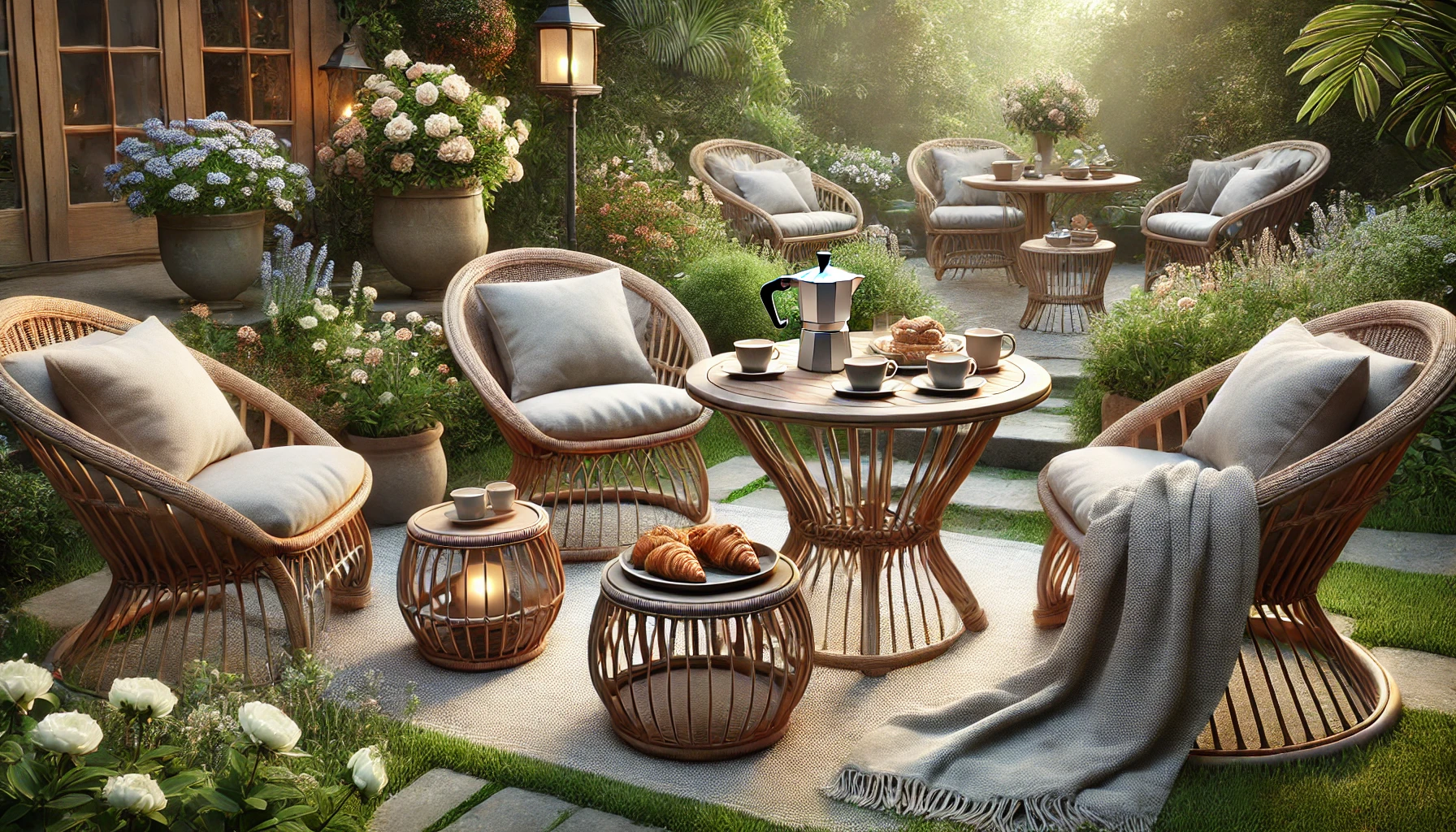 DALL·E 2025-04-02 10.47.42 - An inviting outdoor garden scene featuring a coffee furniture set. The setup includes a small round or square coffee table with matching comfortable c