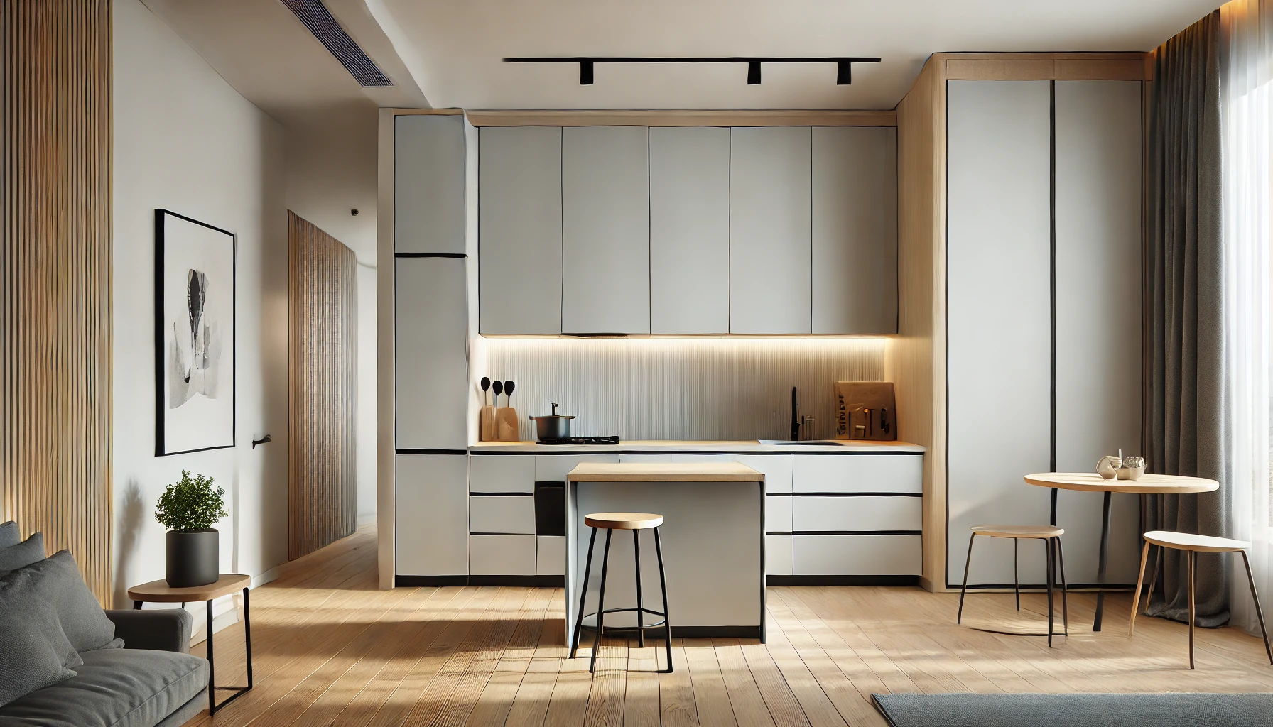 DALL·E 2025-04-03 11.59.23 - Modern interior featuring custom-built kitchen cabinets and wardrobes in a clean, contemporary style. The kitchen has matte white cabinets with black